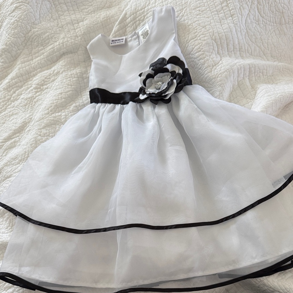 Blueberi Boulevard White and Black Floral Sash Party Dress for Girls